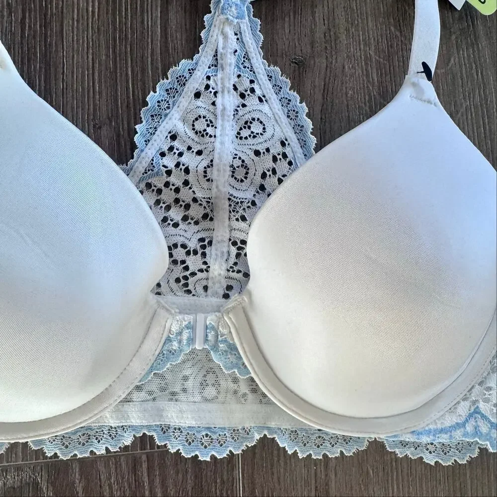 Maidenform One Fab Fit Everyday Full Coverage Racerback Bra Blue White Lace 36B